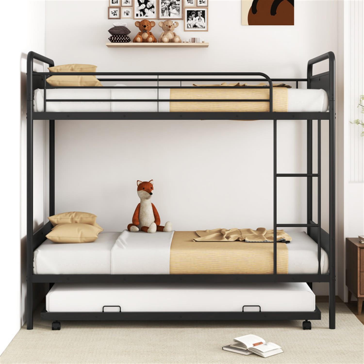 Demi Bonn Twin Over Twin Bunk Bed with Ladder and Full-length Guardrails, Metal Bunkbeds with Trundle for Bedroom, No Box Spring Needed, Black