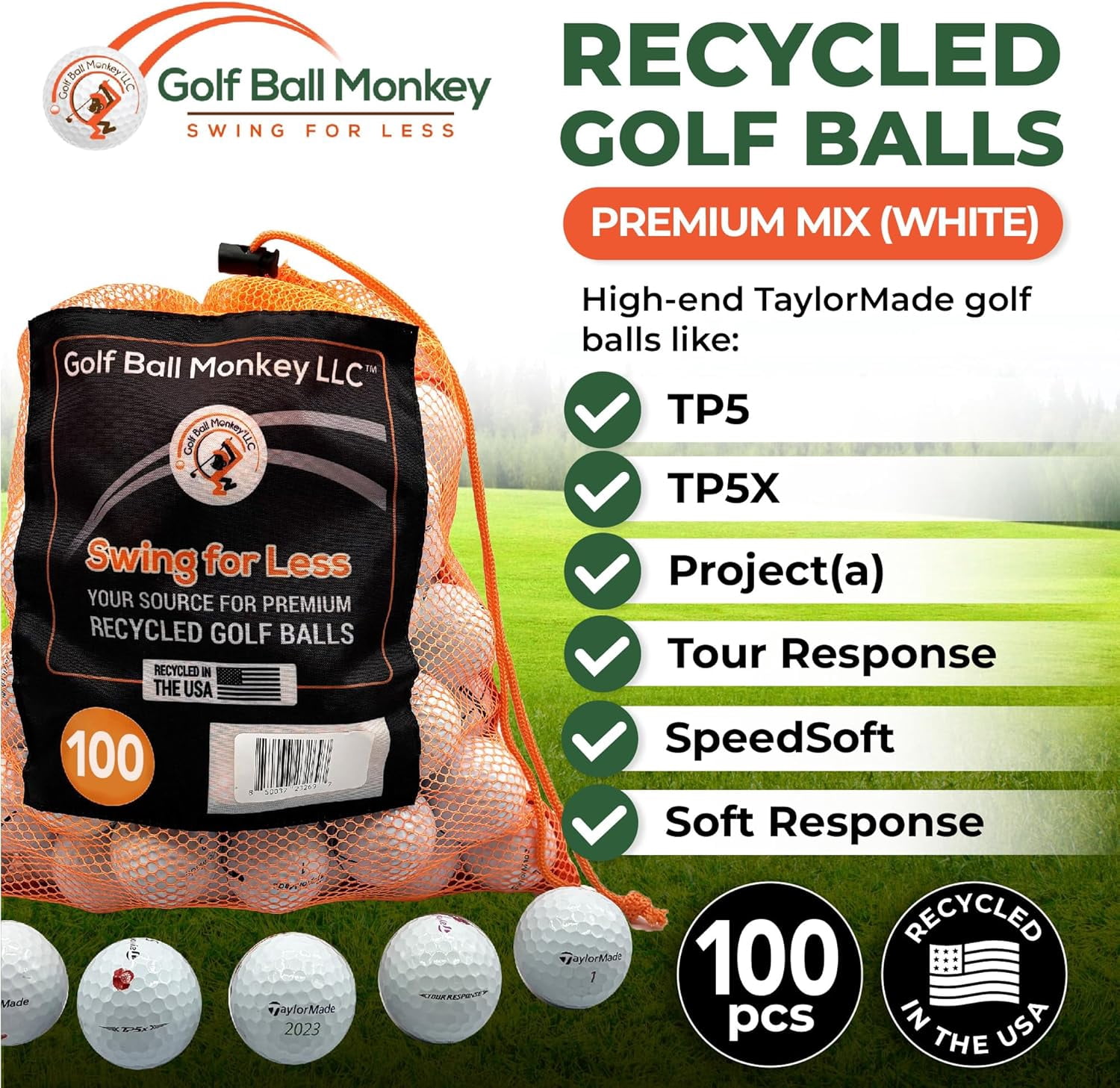 Golf Ball Monkey Recycled Taylormade Golf Balls Bulk Mix 100 w/ 15 Tees &MeshBag 4A/ Near Mint Taylormade TP5, TP5X, Speed Soft, Distance+, ProjectA, RBZ, Tour Response Golf Balls TaylorMade & More