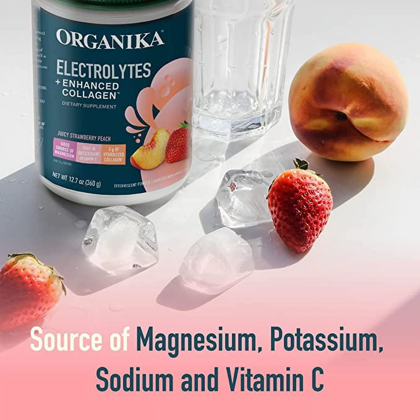 Organika Sports Hydration Drink Mix - 5g Protein, Collagen, Electrolytes, Vitamins, No Sugar - Strawberry Peach - 30 Servings