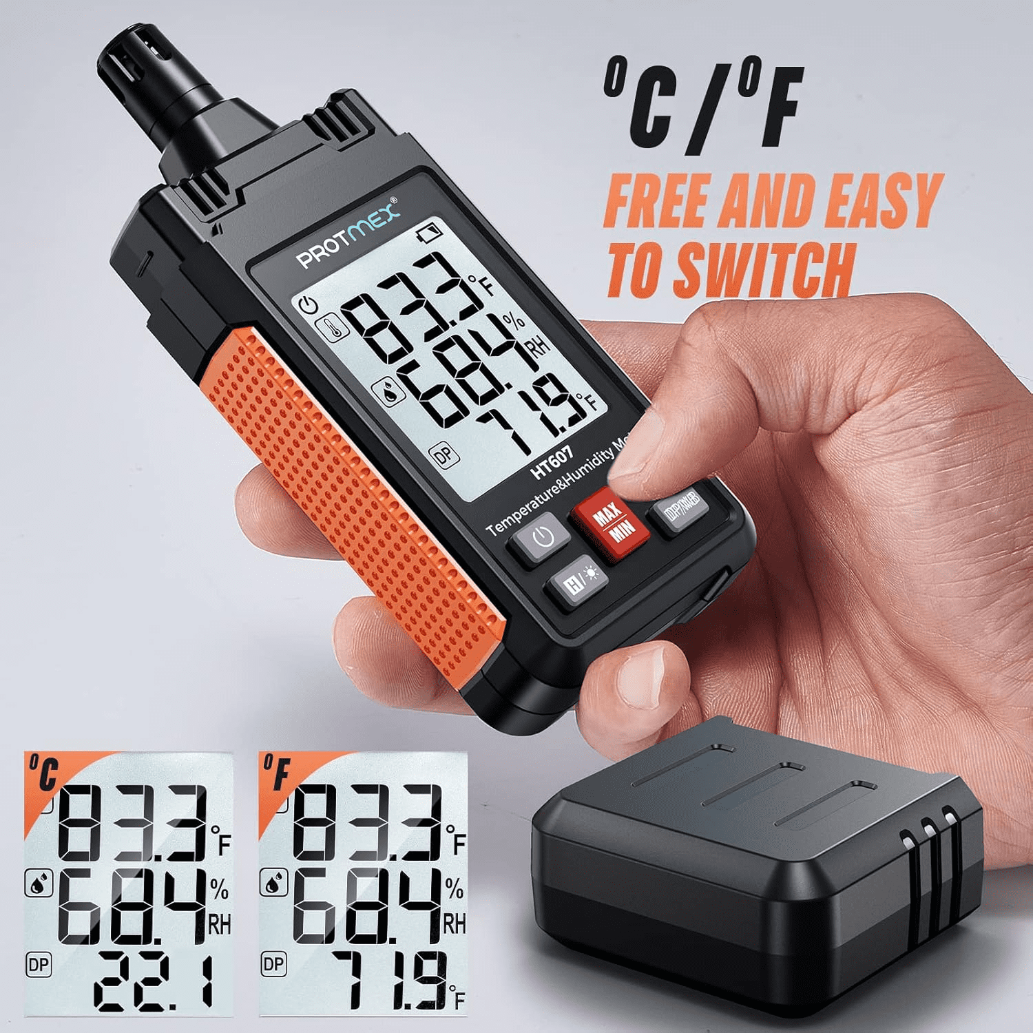 HT607 Temperature Humidity Meter High Precision Digital Hygrometer with Ambient, Relative Humidity, Dew Point, Wet Bulb Thermometer, Min/Max Hold, LCD Backlight with Cover Protector