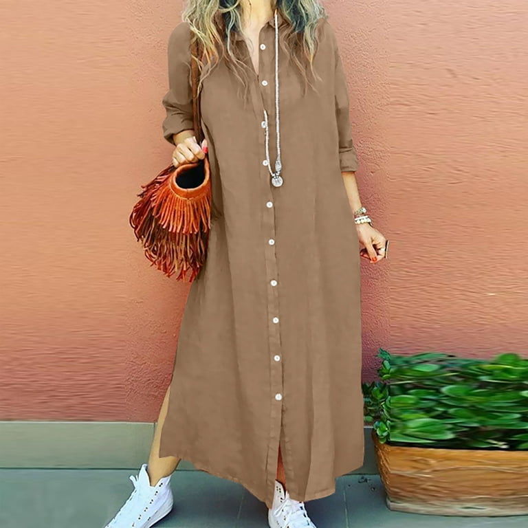 Lovskoo Women s V Neck Button Down Shirt Dress Boyfriend Maxi Dress Loose Flared Long Sleeve Solid Color Long Dresses S 2Xl Coffee
