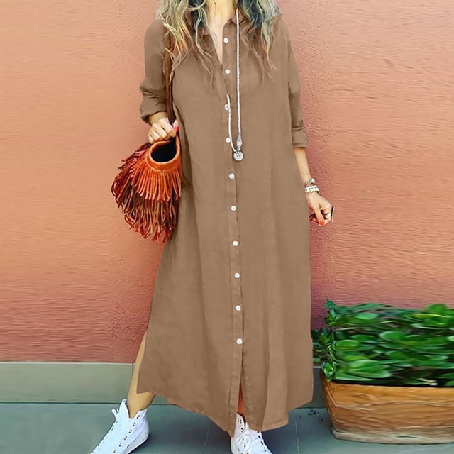 Robe pour Femmes Liquidation Tendances Robe Longue à Manches Longues Bandage Décontractée Couleur Unie Café TG