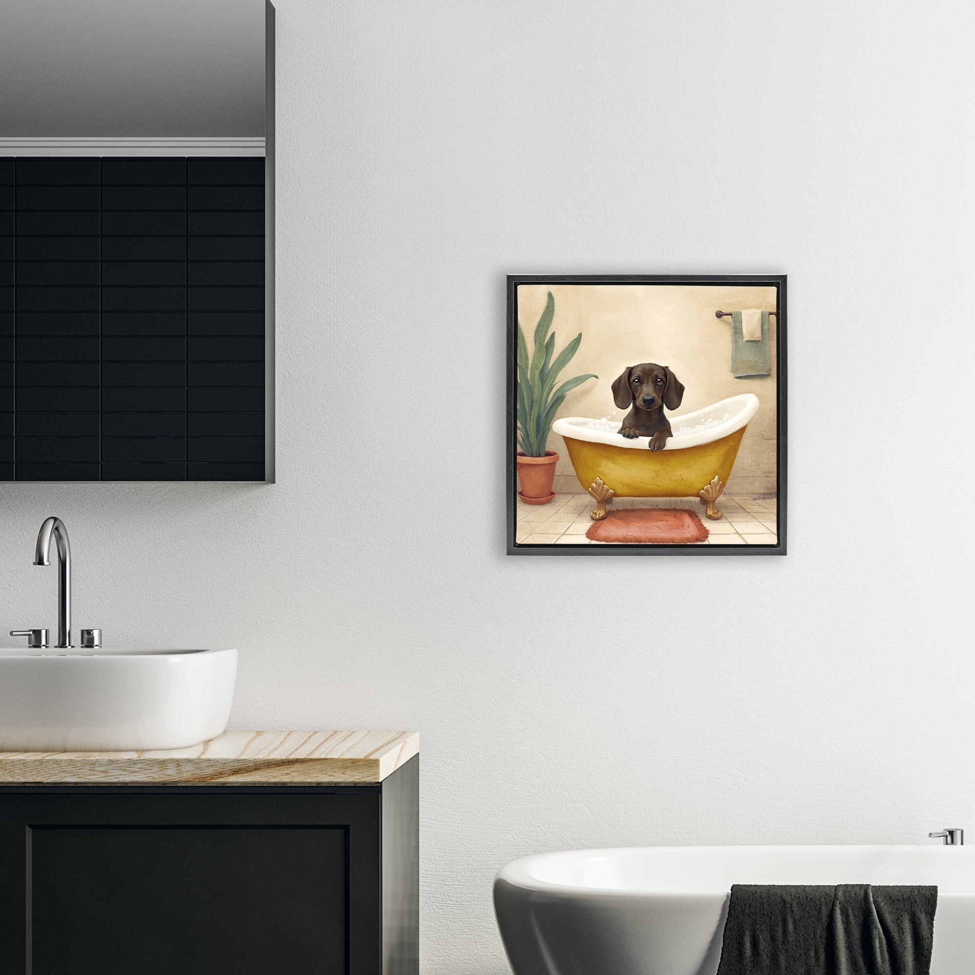 Stupell Industries Bubble Bath Brown Dog Black Framed Floater Canvas Wall Art, design by Kim Allen