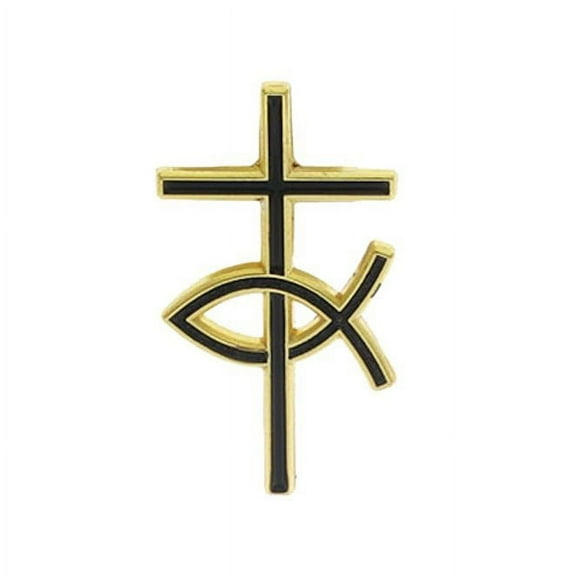 Cross and Fish Pin Gold Plated Enamel Accent Christian Pin