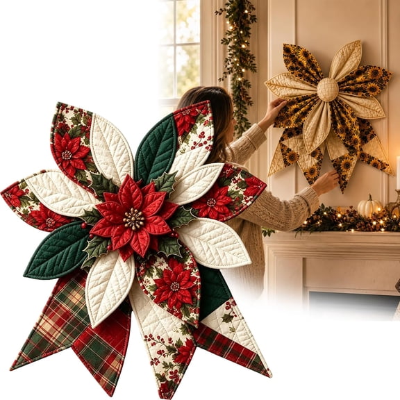 Large Patchwork Bow Sewing Kit, Farmhouse Fabric Folded Flower Door Hanging Craft Set, DIY Craft Supplies, Gift for Adults Front Door Wall Window Porch
