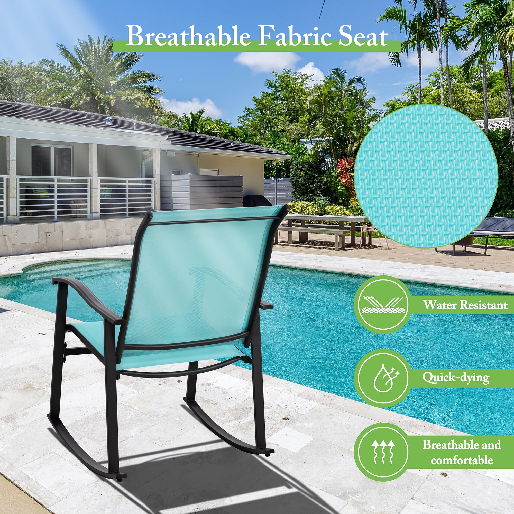 Walsunny 3 Pieces Rocking Bistro Patio Furniture Rocker Set with 2 Outdoor Rocking Chairs and 1 Glass Coffee Table for Porch Deck Lawn,Blue