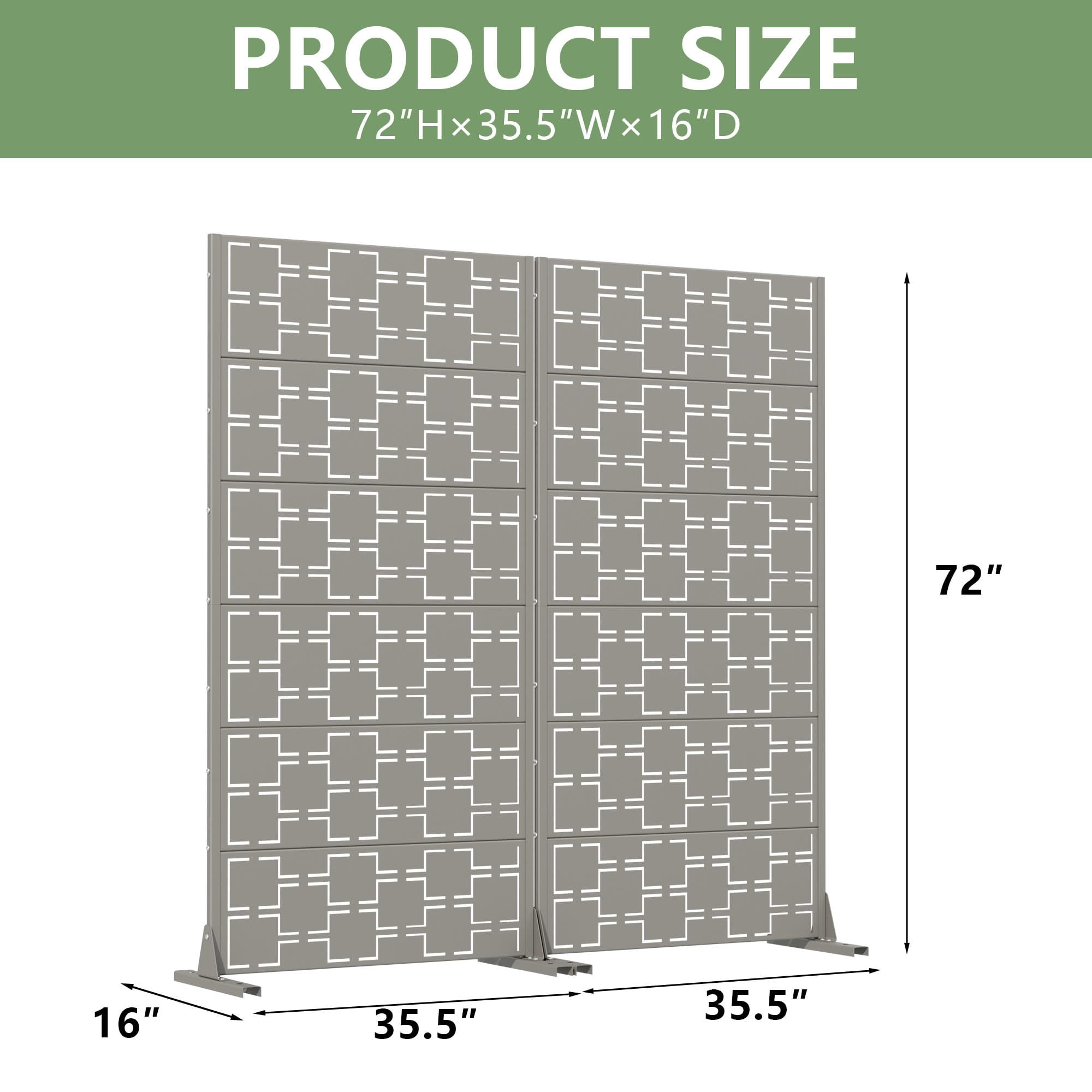 MAYEERTY 2-Piece Outdoor Metal Privacy Screen 6ft × 3ft Gray, 6-Panel Square Geometric Pattern Decorative Screen for Patio
