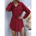 thumbnail image 5 of Womens Long Sleeve Midi Long Shirt Dress Casual Solid Button Down Curved Bottom Dresses Tops with Belt Wine Red S, 5 of 9