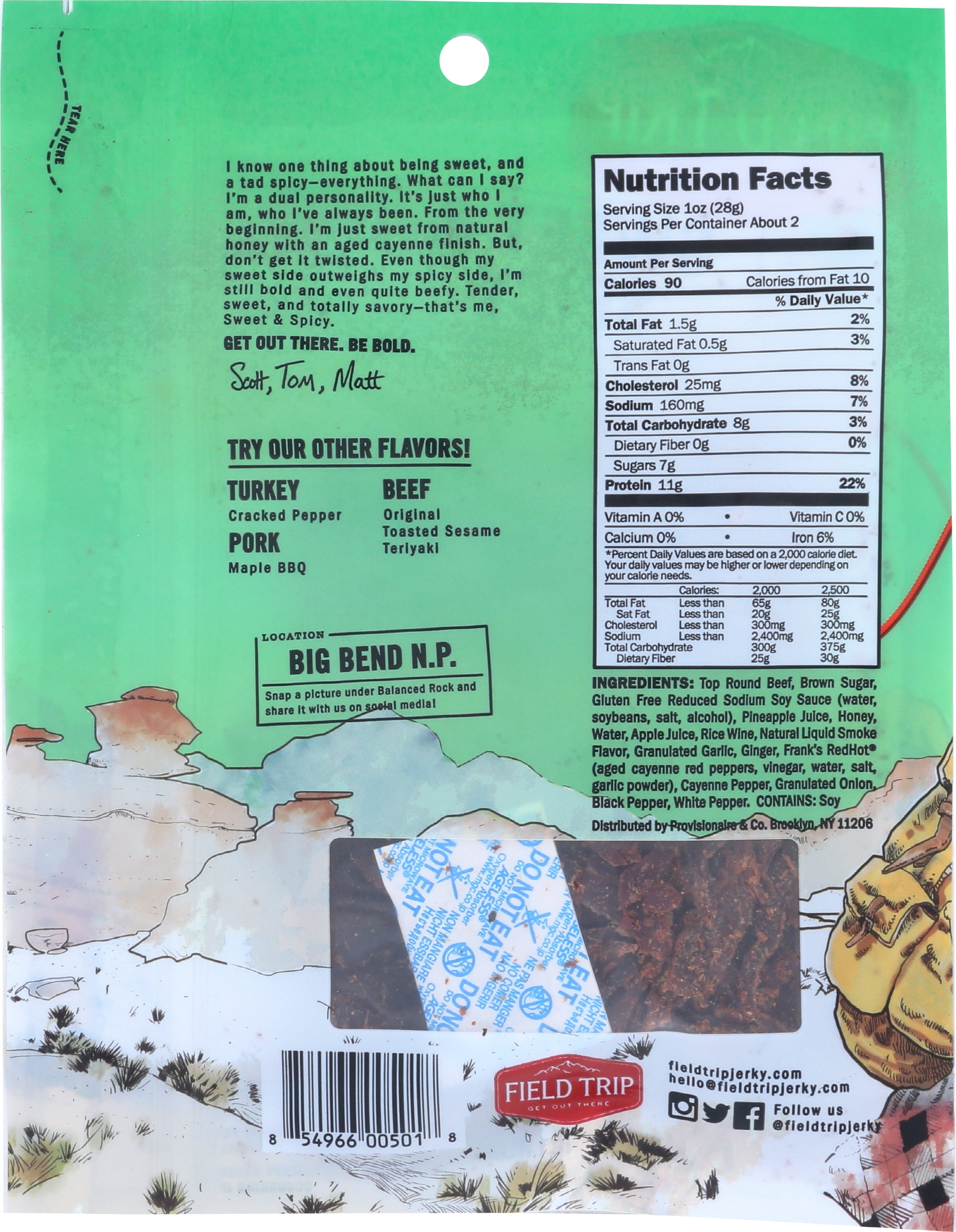 Pack of 9, Fieldtrip Sweet & Spicy Beef Jerky, 2.2 oz