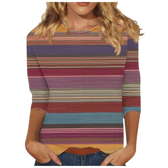 CYMMPU 3/4 Sleeve Crew Neck Blouses for Women Dressy Casual Spring Tops Loose Fit Striped Ombre Fall Fashion Shirts Tunic Tops Dye Tie T-Shirts M