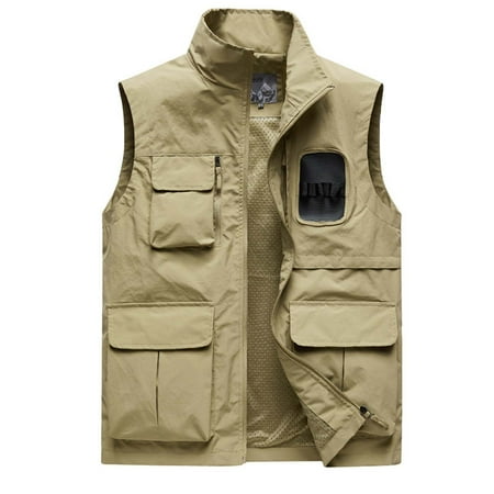 safuny Zipper Outerwear Vests Fishing Travel Vest for Men Golf Jacket Multi Pockets Photo Cargo Vest Hiking Workout Fall Sleeveless Stand Collar Lightweight Clearance Yellow XXL