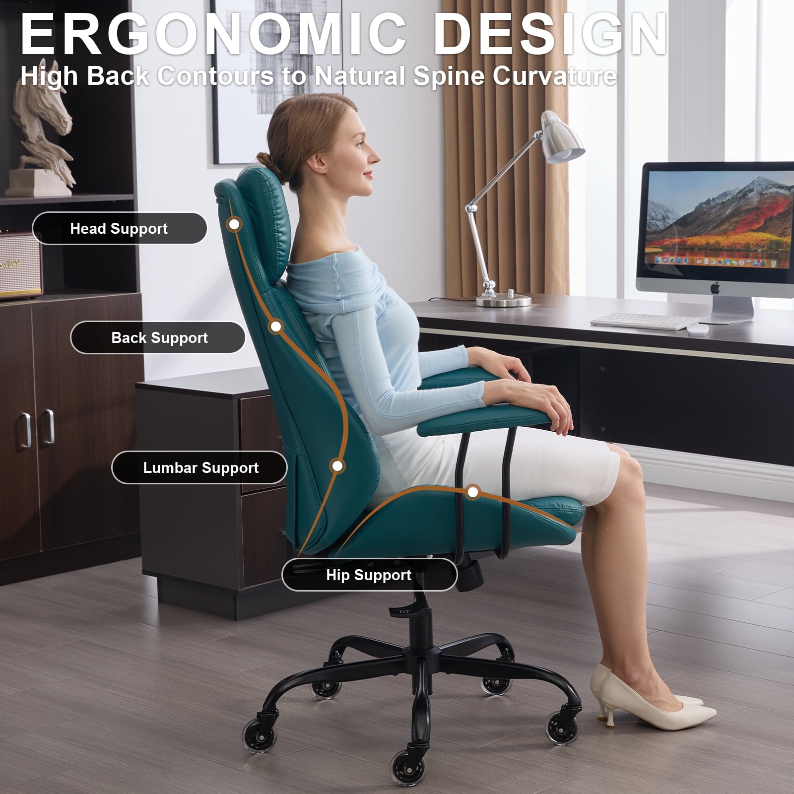 E-Motie Home Office Desk Chair, Ergonomic Computer Chair with Lumbar Support and Head Support, High Back Office Chair with Armrests, Adjustable Height, Rubber Casters, Green Leather
