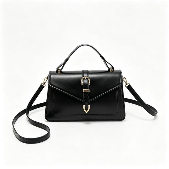 Wynndora PU Leather Flap Square Bag, Gold-Tone U-Buckle Top Handle Purse with Detachable Shoulder Strap, Black