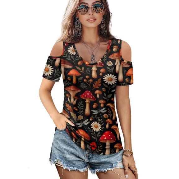 POLERO Women's Cut Out Cold Shoulder Tops Mushroom Daisy Floral Print Summer Short Sleeve Sexy Shirts Travel Beach Hawaii Tunic Soft Lightweight Casual S