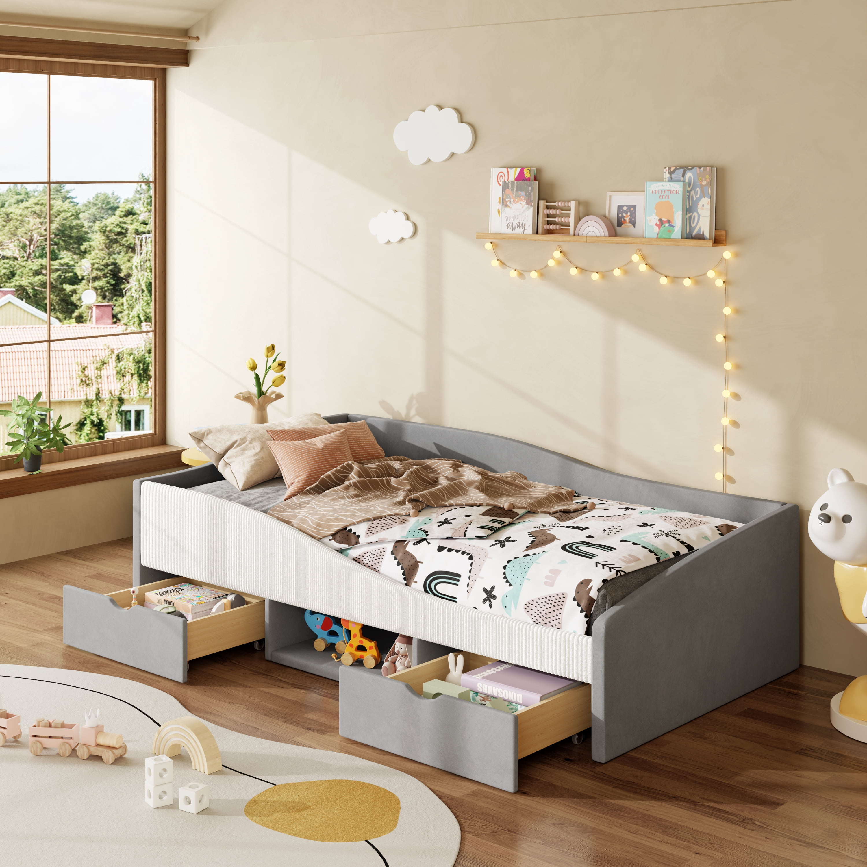 Mintazer Kids Twin Cool Upholstered Daybed Frame with 2 Storage Drawers & Open Shelf & Guardrail for Todder Boys Girls, Gray