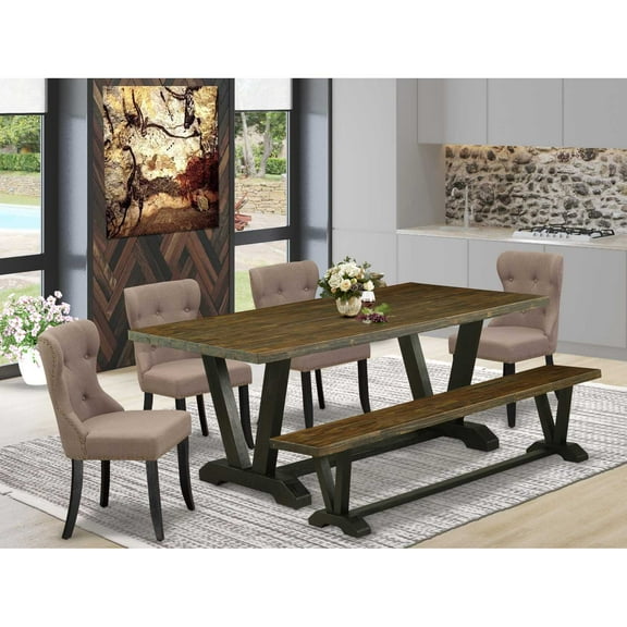 East West Furniture V677SI648-6 6-Pc Dining Table Set- 4 Dining Chairs with Coffee Linen Fabric Seat and Button Tufted Chair Back - Rectangular Top & Wooden Legs Dining Table and Indoor Bench -...