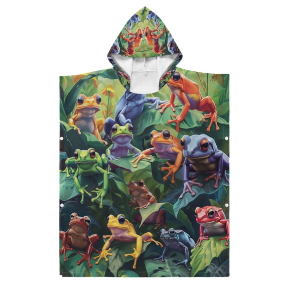 Kid Hooded Beach Towel Bath Poncho Towels Soft Absorbent Quick Dry for Boy Girl Colorful Frogs on Leaves S