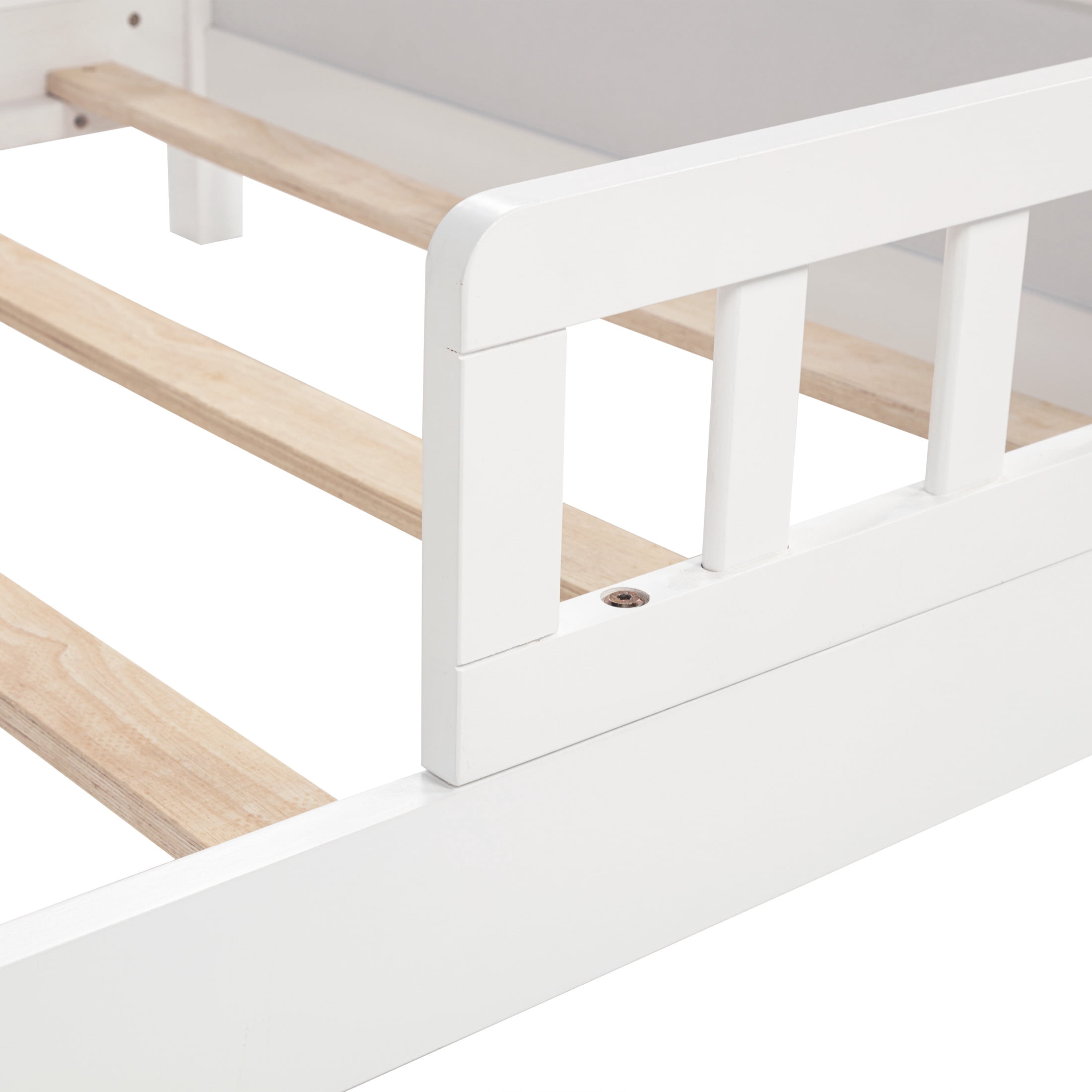 Noble House Strong Twin Bed, Pine Wood Frame with Bookcase Headboard, Guardrails & LED Motion Sensor Light, White