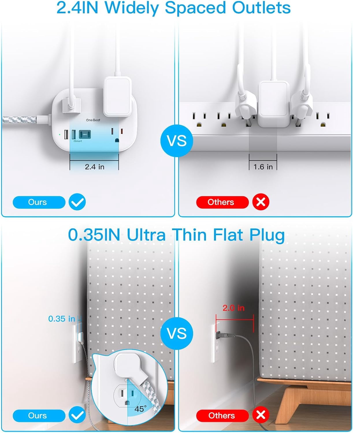 RGHJAR-Cruise Essentials 2025, Travel Power Strip with USB C,Flat Plug Extension Cord with 3 Outlets 4 USB Ports(2 USB C),5 ft Desk Wall Outlet Extender,Non Surge Protector for Cruise,Dorm Room,ETL