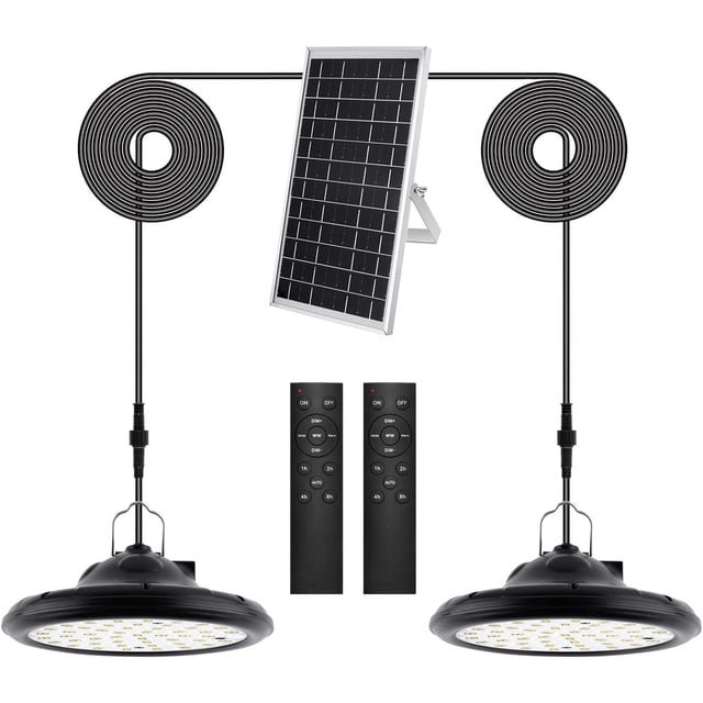 luces solares para exterior e interior, 100 lúmenes, 1200 lm, 3 modos de suspensión solar, panel solar ajustable, 4 niveles de brillo con control remoto, iluminación solar impermeable IP66