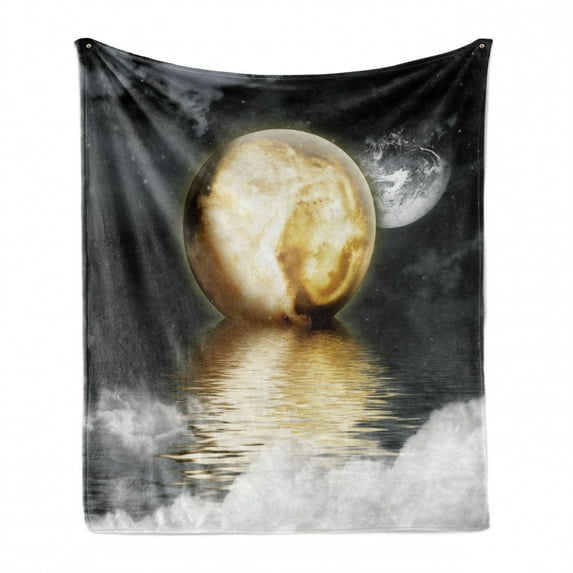 Moon Soft Flannel Fleece Blanket, Celestial Body Touching Ocean Clouds and Greyscale World at the Background, Cozy Plush for Indoor and Outdoor Use, 60" x 80", Grey Pale Yellow White, by Ambesonne