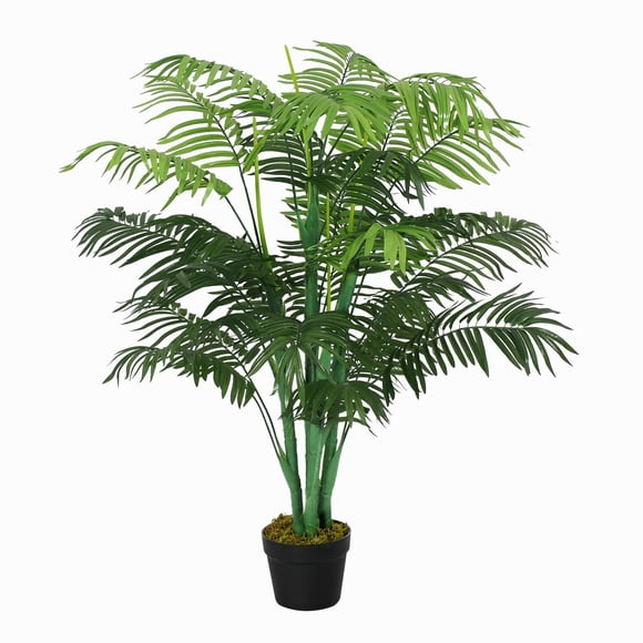 4ft Green Artificial Palm Tree with Pot - Realistic Faux Tropical Plant for Living Room, Office & Indoor Décor - Low Maintenance Accent Piece