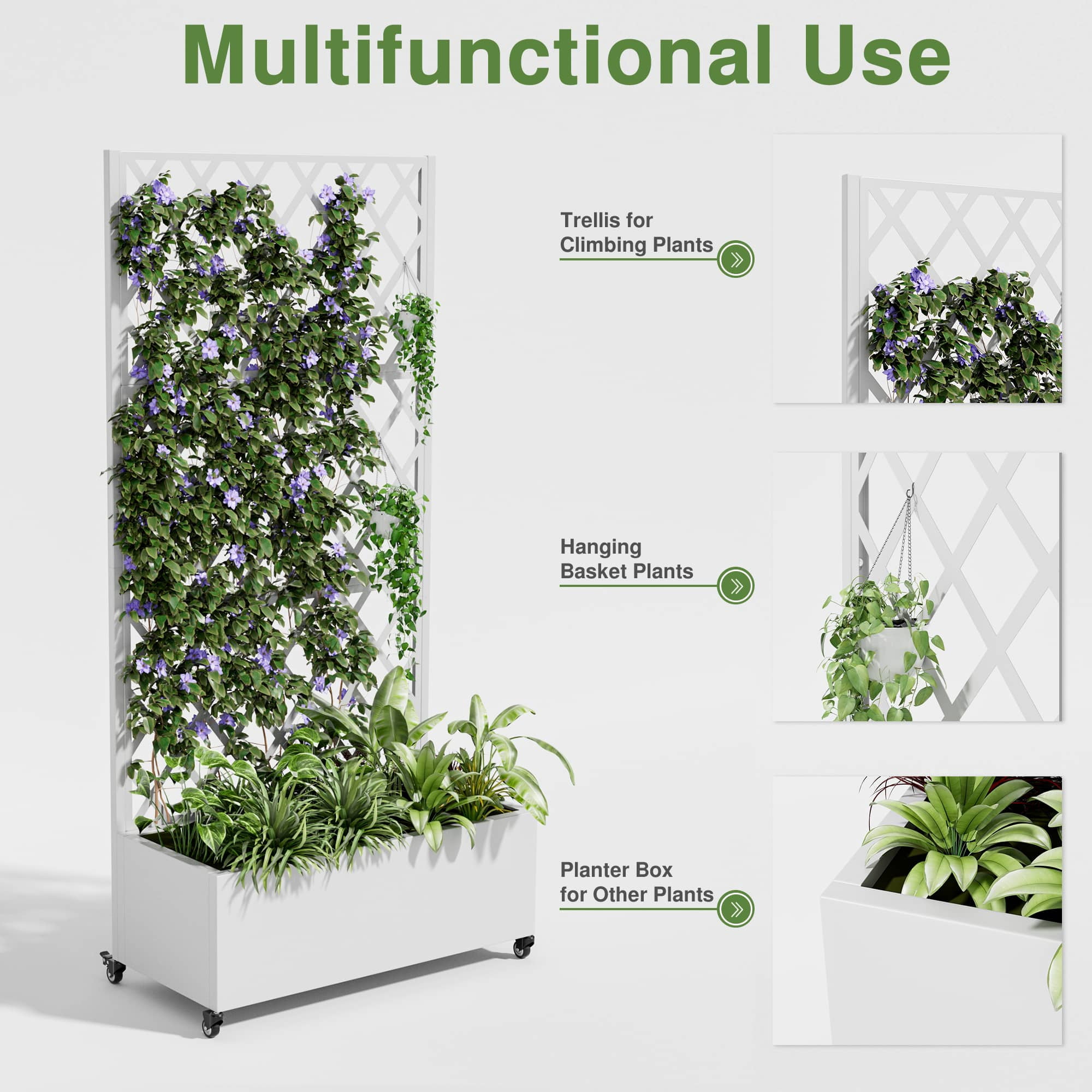 MAYEERTY 71" x 35" Metal Raised Garden Bed with Trellis Planter Box for Climbing Plants, White