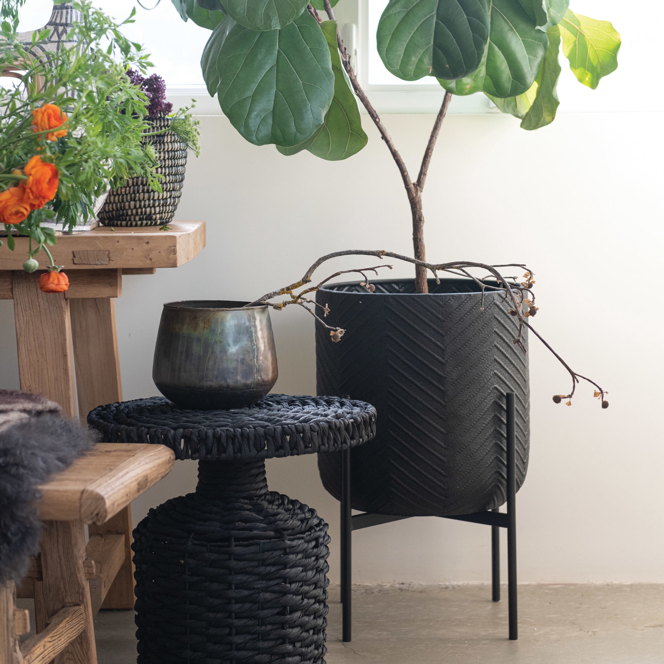 Bloomingville Round Metal Planter with Chevron Pattern on Stand, Black