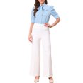 thumbnail image 2 of INSPIRE CHIC Women's Bow Tie Solid Color Puff Short Sleeve Button Down Bodysuit Blouse L Sky Blue, 2 of 6