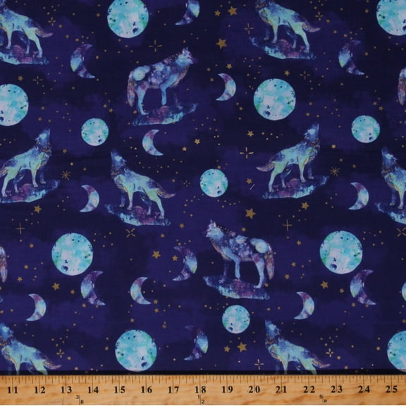 Cotton Coyotes Howling at the Moon Metallic Arctic Wonder Royal Cotton Fabric Print by the Yard (19435-NVY-CTN-D)