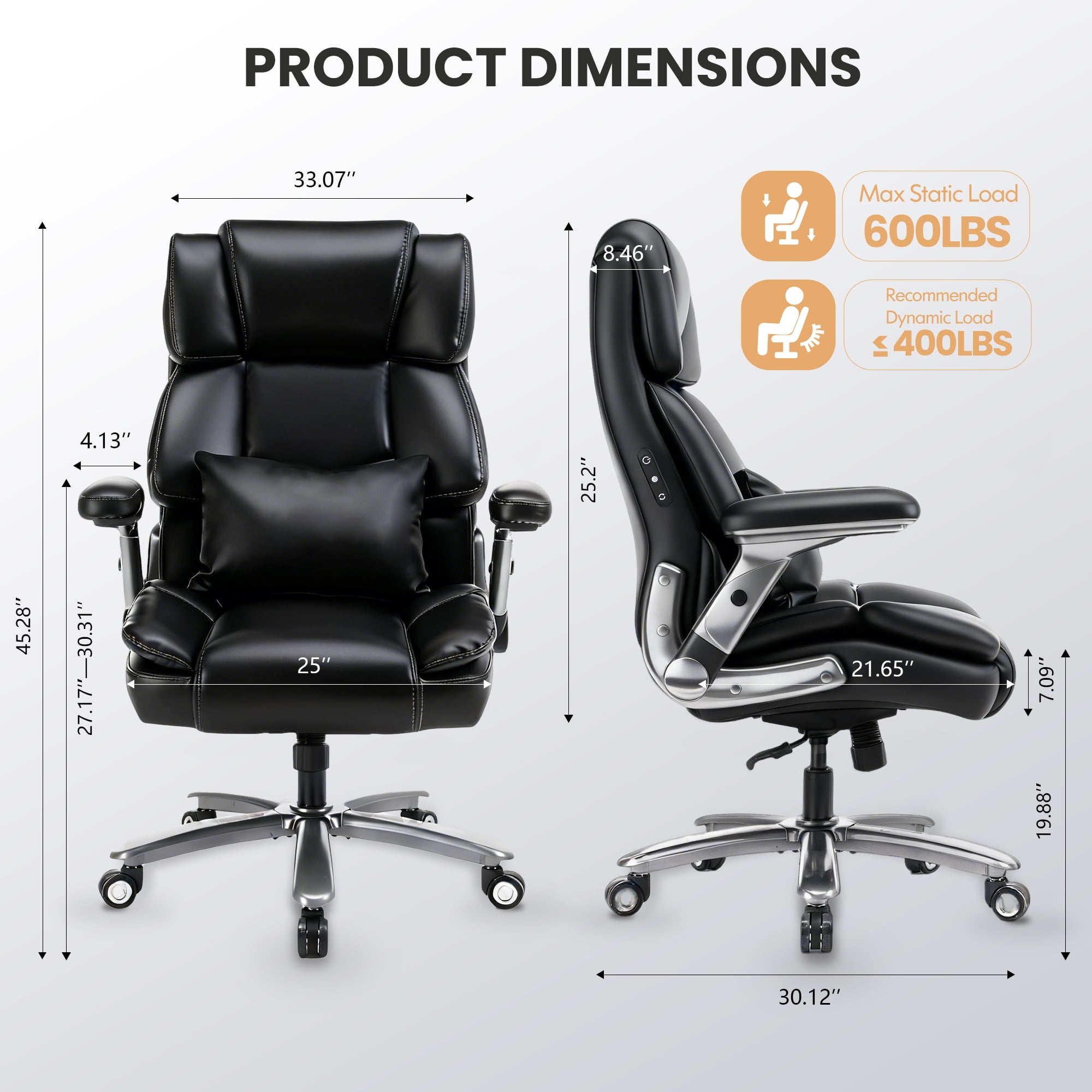 EOP 600LBS Big and Tall Heavy Duty Office Chair, Ergonomic Massage Desk Chair with 4D Adjustable Armrests, PU Leather Executive Chair with Lumbar Support & Quiet Dual Rubber Wheels, Black