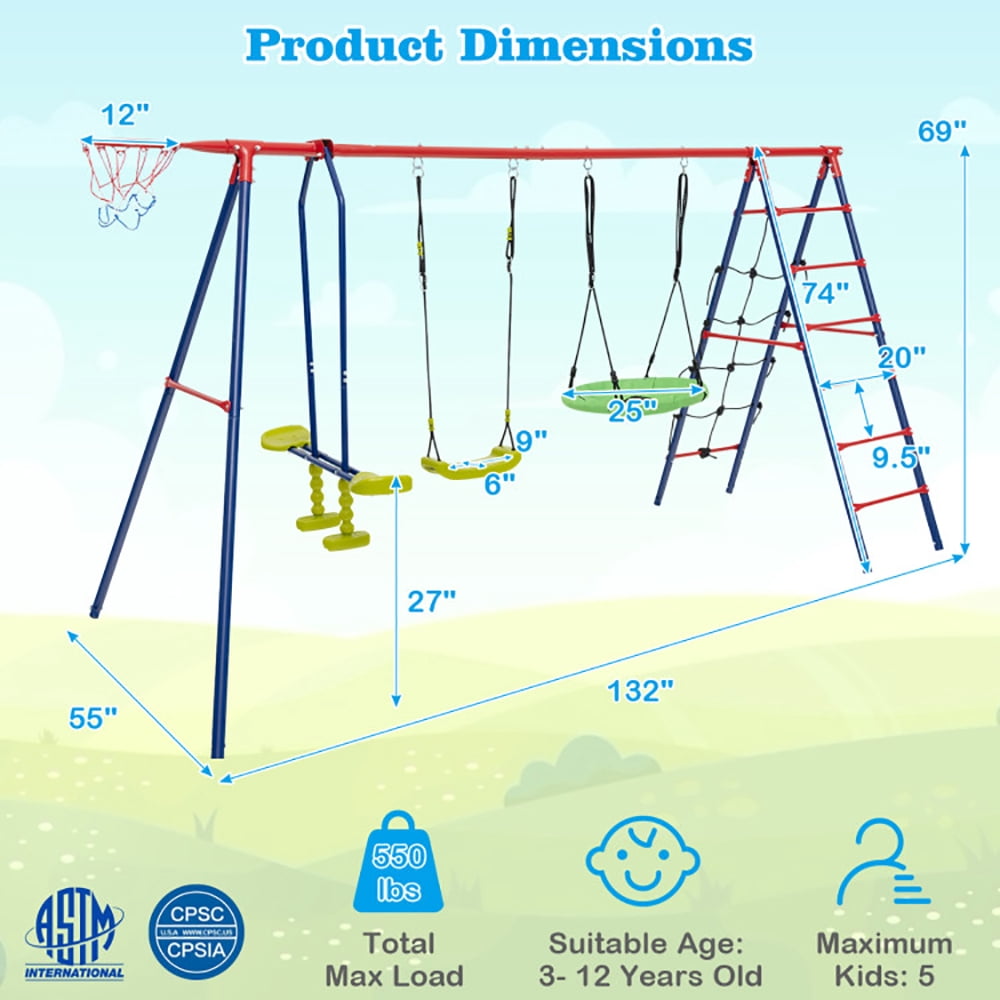 Spaco 550 LBS 6-in-1 Patio Kids Swing Set with Climbing Net and Ladder, Swing Set Outdoor for Kids, Kids Playground for Backyard, Red