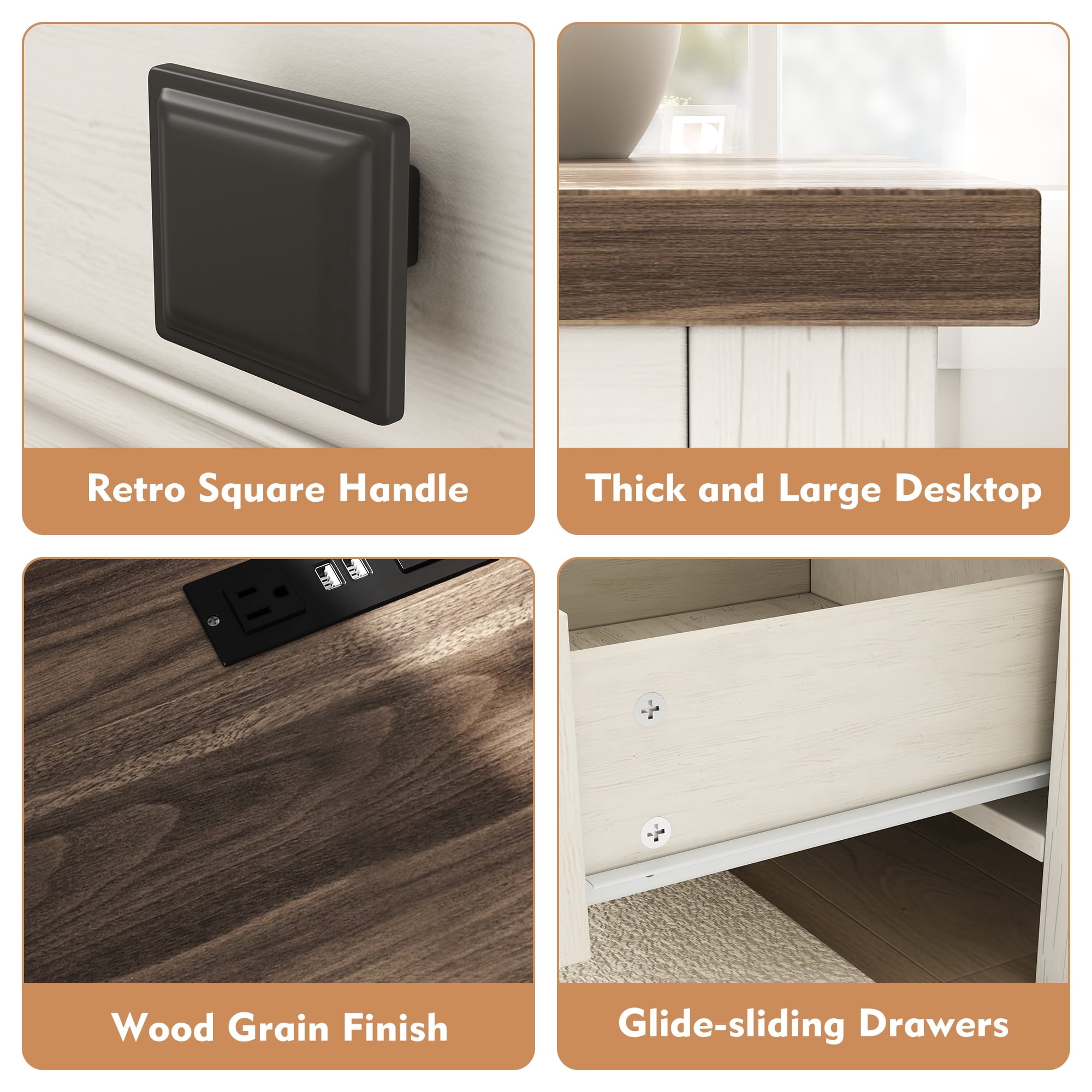 Nightstand Set of 2, bedside table with charging station, White farmhouse 3 drawer nightstand Rustic night stand end tables for bedroom Living Room