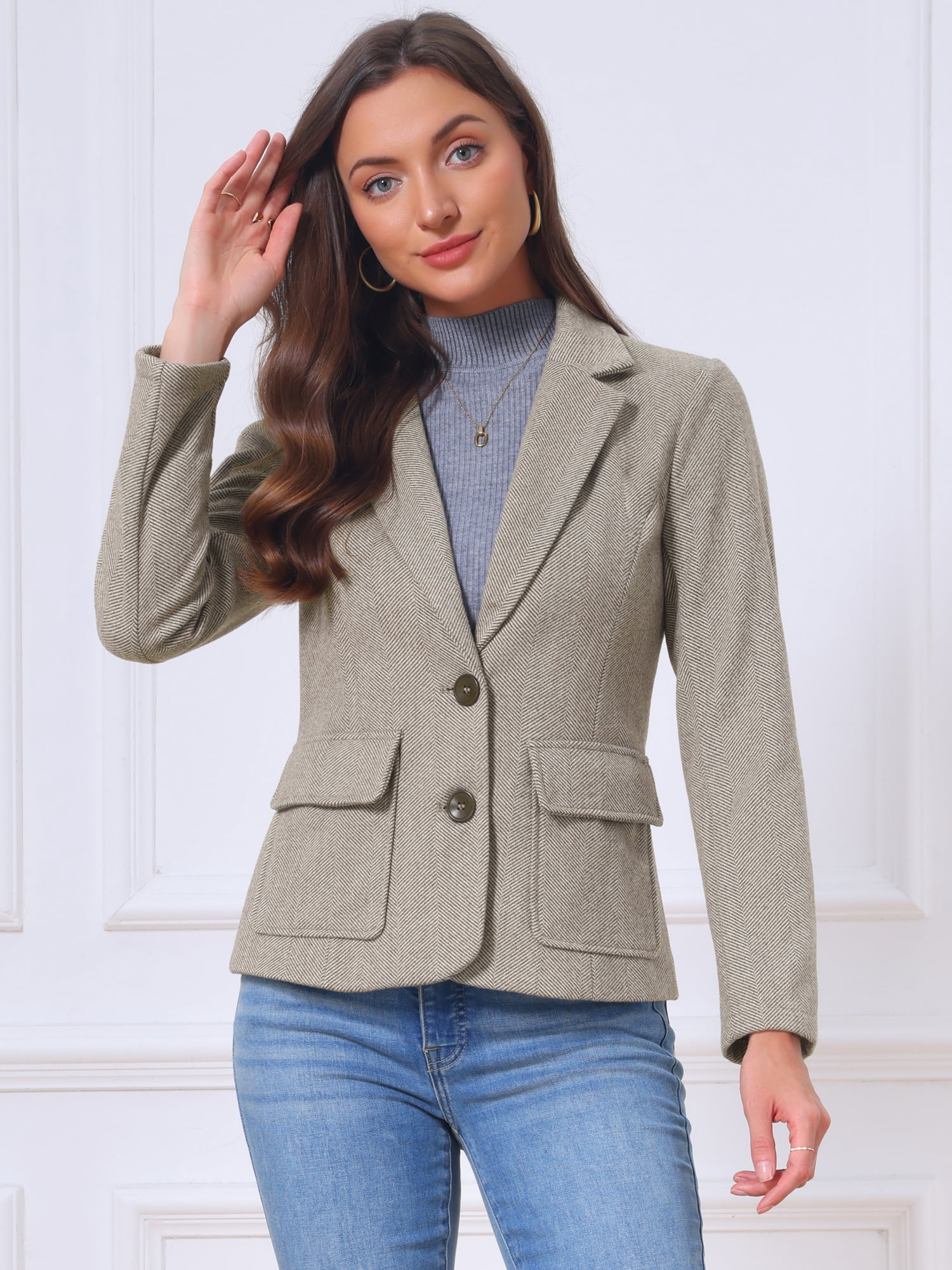 DARING DIVA Women's Blazer Herringbone Tweed Long Sleeve Blazers L Brown
