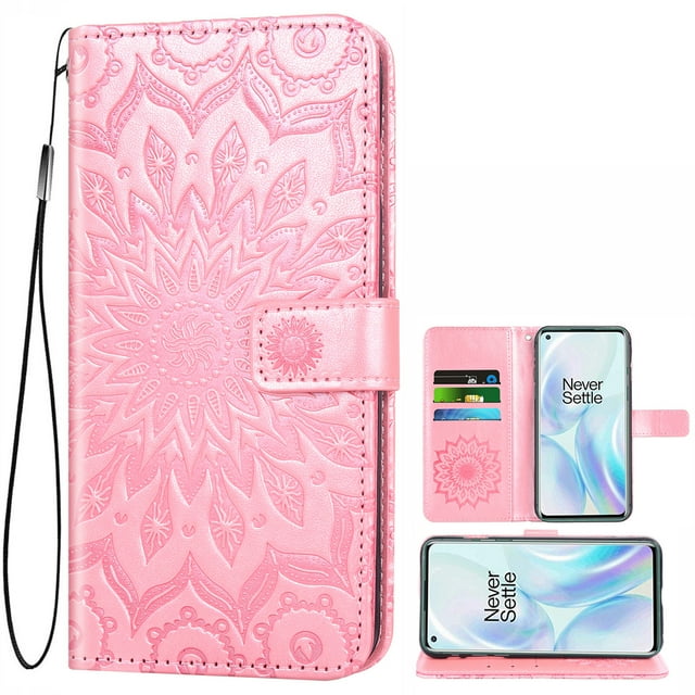 Case for Oneplus 8 Wallet Case Leather Premium PU Embossed Design Magnetic Closure Protective Cover with Card Slots for Oneplus 8, Rose Gold