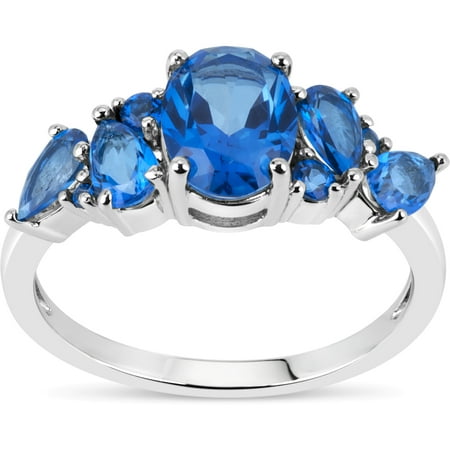 Oval And Pear-shaped Kashmir BlueTopaz Swarovski Genuine Gemstone Graduated Sterling Silver Rhodium Ring