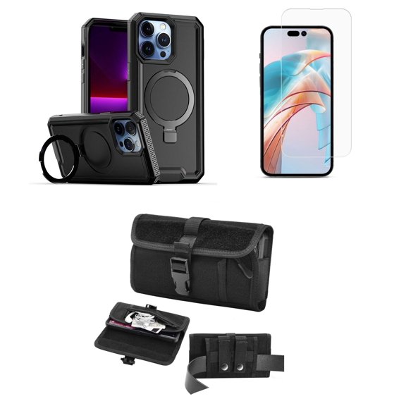 Bemz Case for iPhone 15 with Slim Heavy-Duty Armor Defender Wireless Charger Magnetic Kickstand Cover, Screen Protector, Horizontal Secure Buckle Belt Holster Travel Pouch (Black)