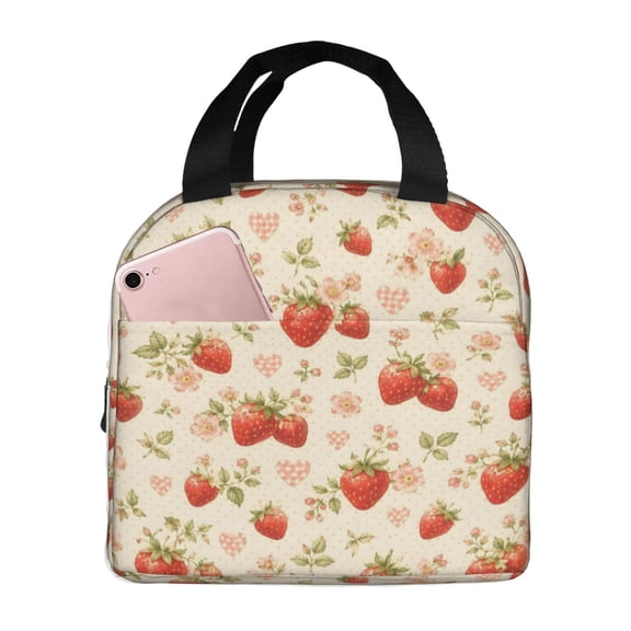 Strawberry Floral Lunch Bag Reusable Thermal Lunch Box with Handle for Women and Men
