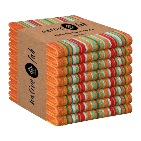 Native Fab Mexican Salsa Stripe Dish Towels, 8 Pack, 18x28", Super Absorbent, 100% Cotton Kitchen Towels for Drying, Reusable and Durable Washable Towels for Everyday Cooking and Cleaning, Orange