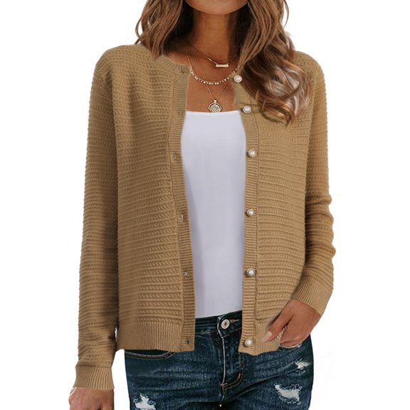 DARING DIVA Women's Crew Neck Long Sleeve Open Front Button Down Cardigan S Brown