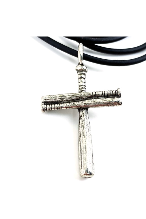 Baseball Bat Pewter (wbaterub)Cross On Soft Black Rubber Necklace Antique Silver Finish Softball
