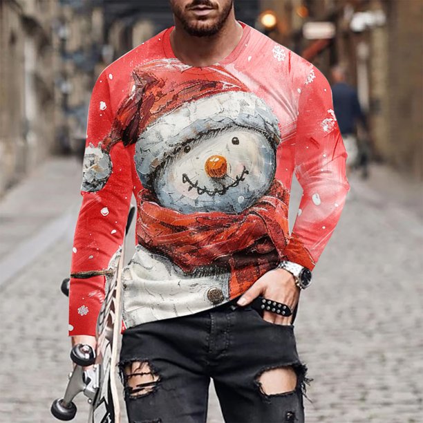 Blusas y camisas de manga larga y cuello redondo para hombre, informales, a la moda, con estampado navideño, cuello redondo, blusas de licra de manga larga para hombre.