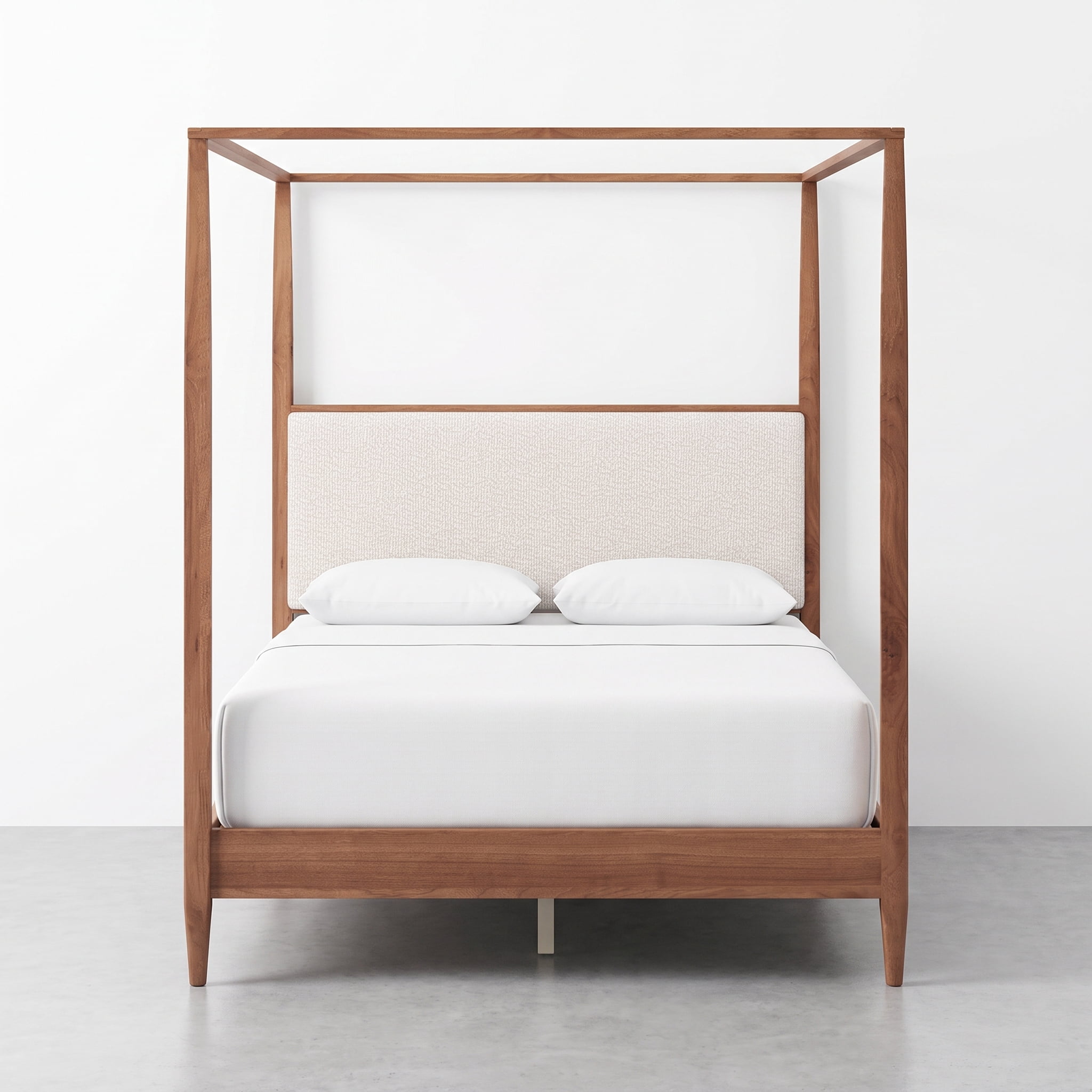 Euroco Modern Wood Queen Size Canopy Bed, Mid-Century 4-Poster Platform Bed with Boucle Upholstered Headboard and Tapered Legs, No Box Spring Needed, Walnut