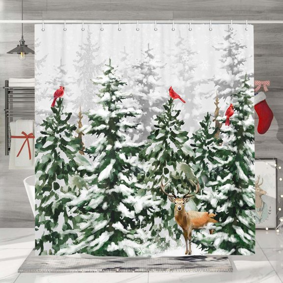 Christmas Shower Curtain for Bathroom, Winter Snowflake Pine Tree Forest Cardinal Deer Bath Curtain Snowflake Waterproof Fabric Bathroom Set, 72 X 72 Inch