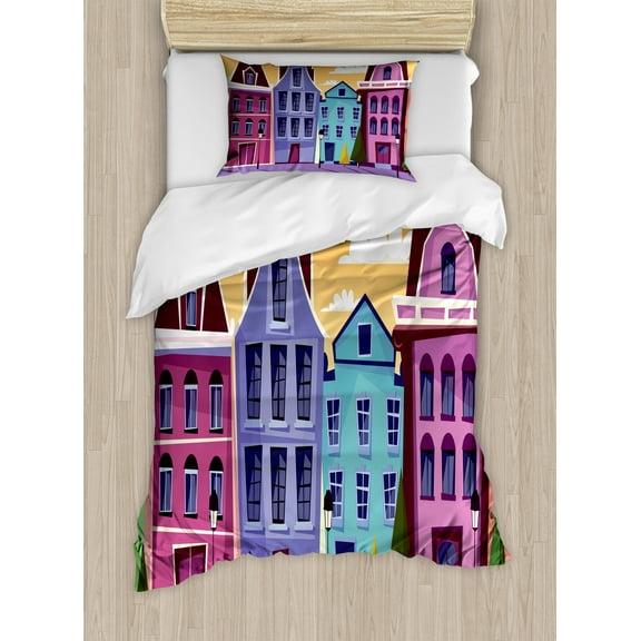 Amsterdam Duvet Cover Set, Digitally Generated Cityscape with Street and Dutch Residences, Decorative 2 Piece Bedding Set with 1 Pillow Shams, Twin Size, Pale Orange Multicolor, by Ambesonne