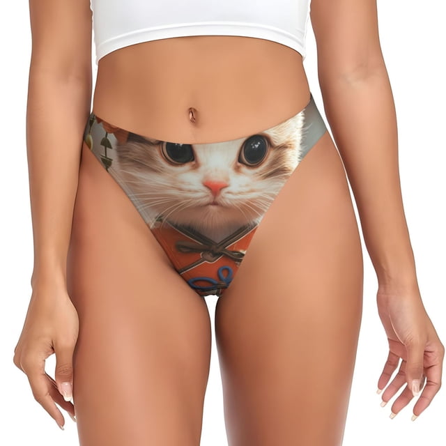 Fotbe Adorable Kitten In Kimono Tanga Sin Costuras para Mujer con Estampado – Panties Invisibles, Transpirables y Cómodos para Uso Diario-Medium
