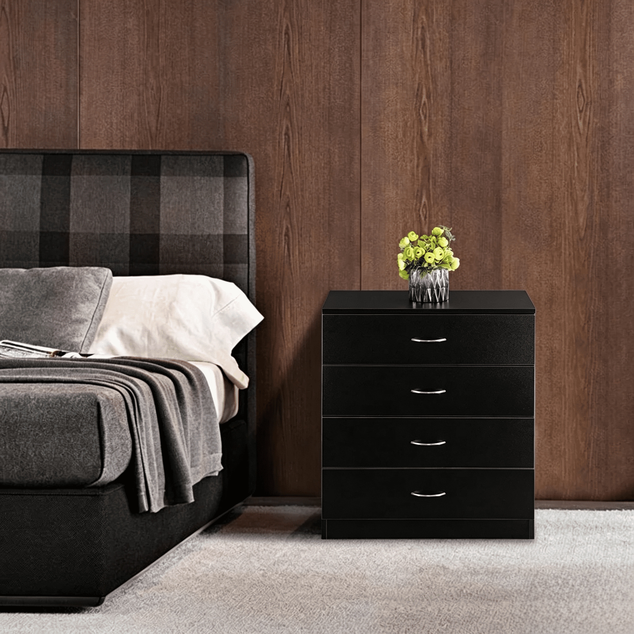 Black 4 Drawer Nightstand - High-quality and modern for interior decoration and storage