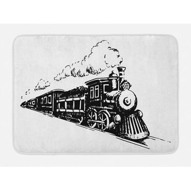 Railroad Bath Mat, Steaming Locomotive with Monotone Sketch Illustration Old Train Design, Plush Bathroom Decor Mat with Non Slip Backing, 29.5" X 17.5", Charcoal Grey White, by Ambesonne
