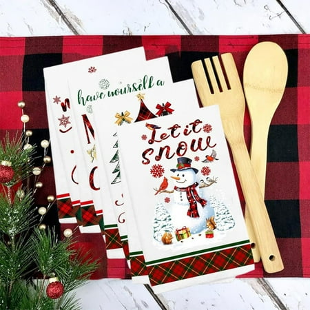 Christmas Kitchen Towels Decorations 4PC Christmas Decor Kitchen Hand Dish Towels Buffalo Plaid Holiday Tea Towel Xmas Snowman Christmas Dish Towels for Kitchen Christmas Tree Dishwashing Towels