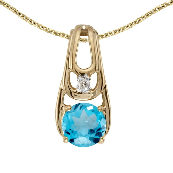 10k Yellow Gold Round Blue Topaz And Diamond Pendant with 16" Chain